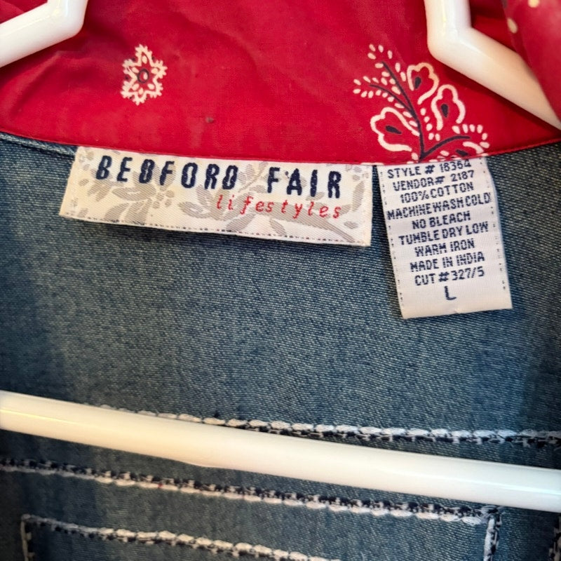 Bedford Fair Lifestyles Large Denim Jacket & Red Paisley Crinkle Skirt Set