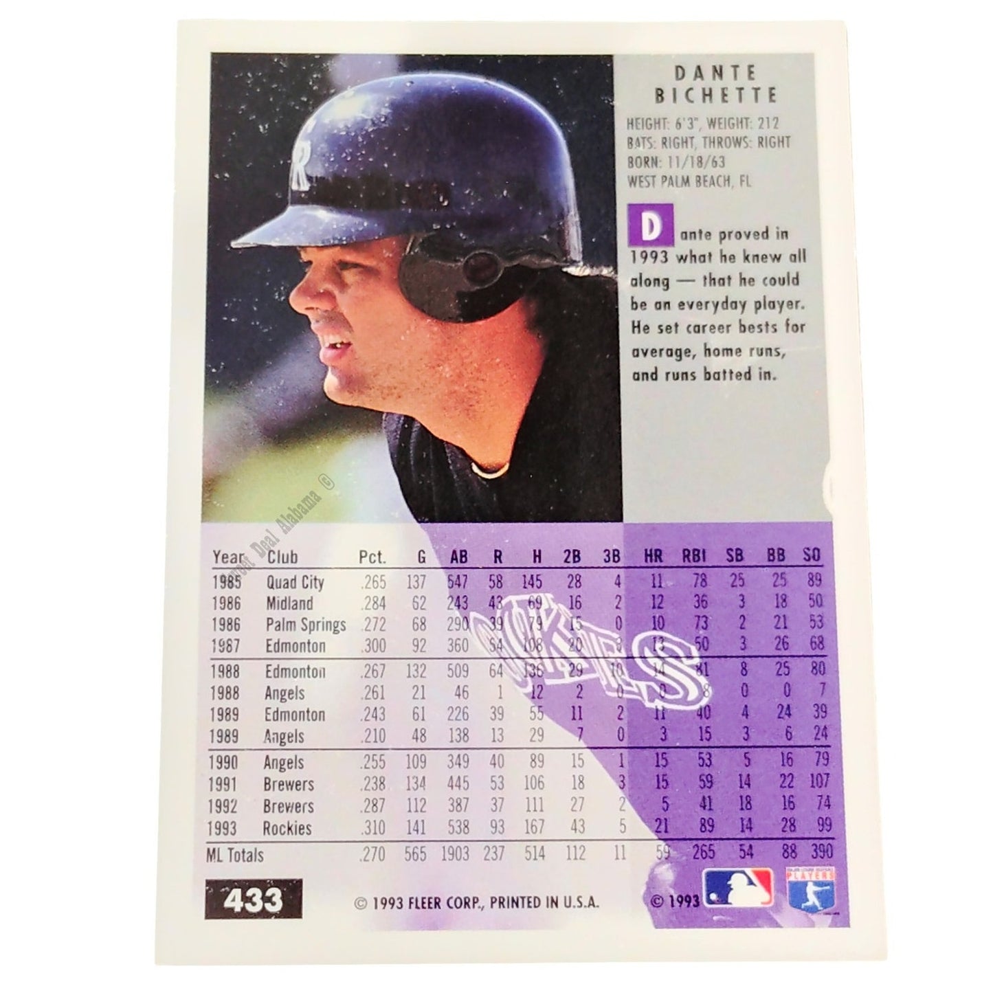 Dante Bichette, Colorado Rockies, #433, 1994 Fleer Baseball Collector's Card