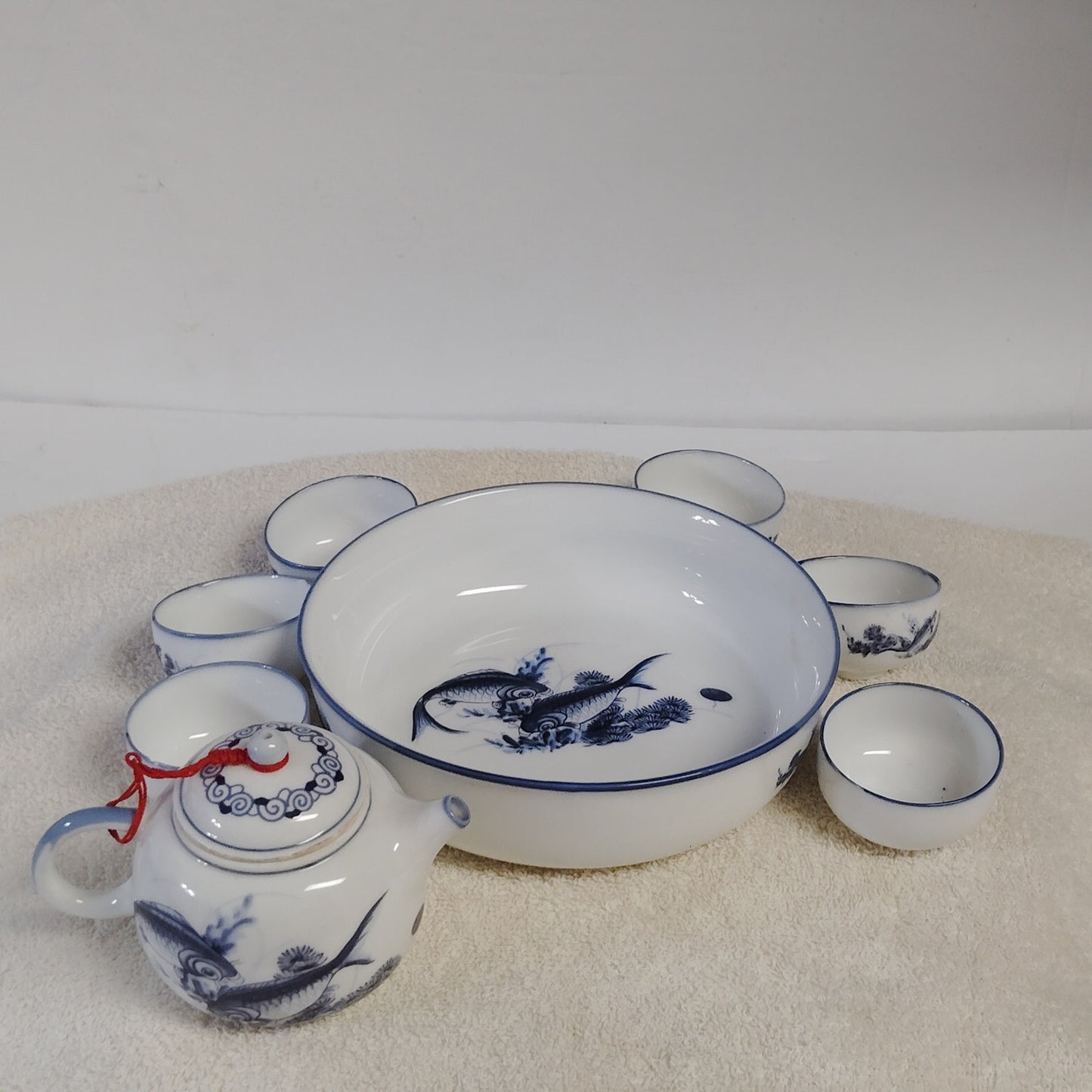 Huann Chern Taiwan Teaware Set Blue & White Porcelain Fish Motif Vintage 1986