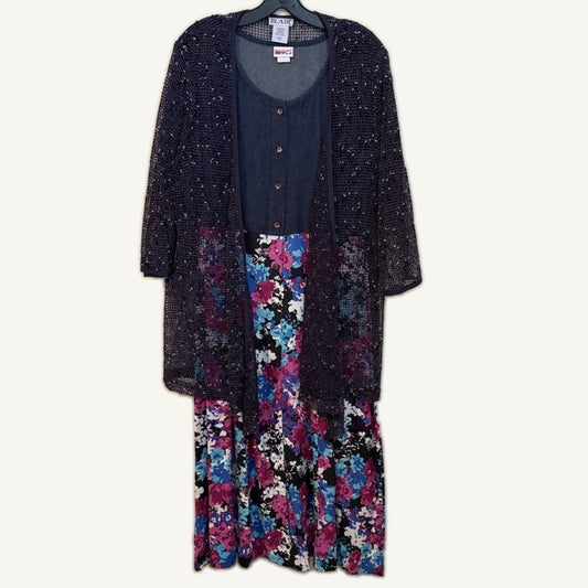 American Sweetheart Blair Floral Dress & Open-Knit Cardigan Set L Blue