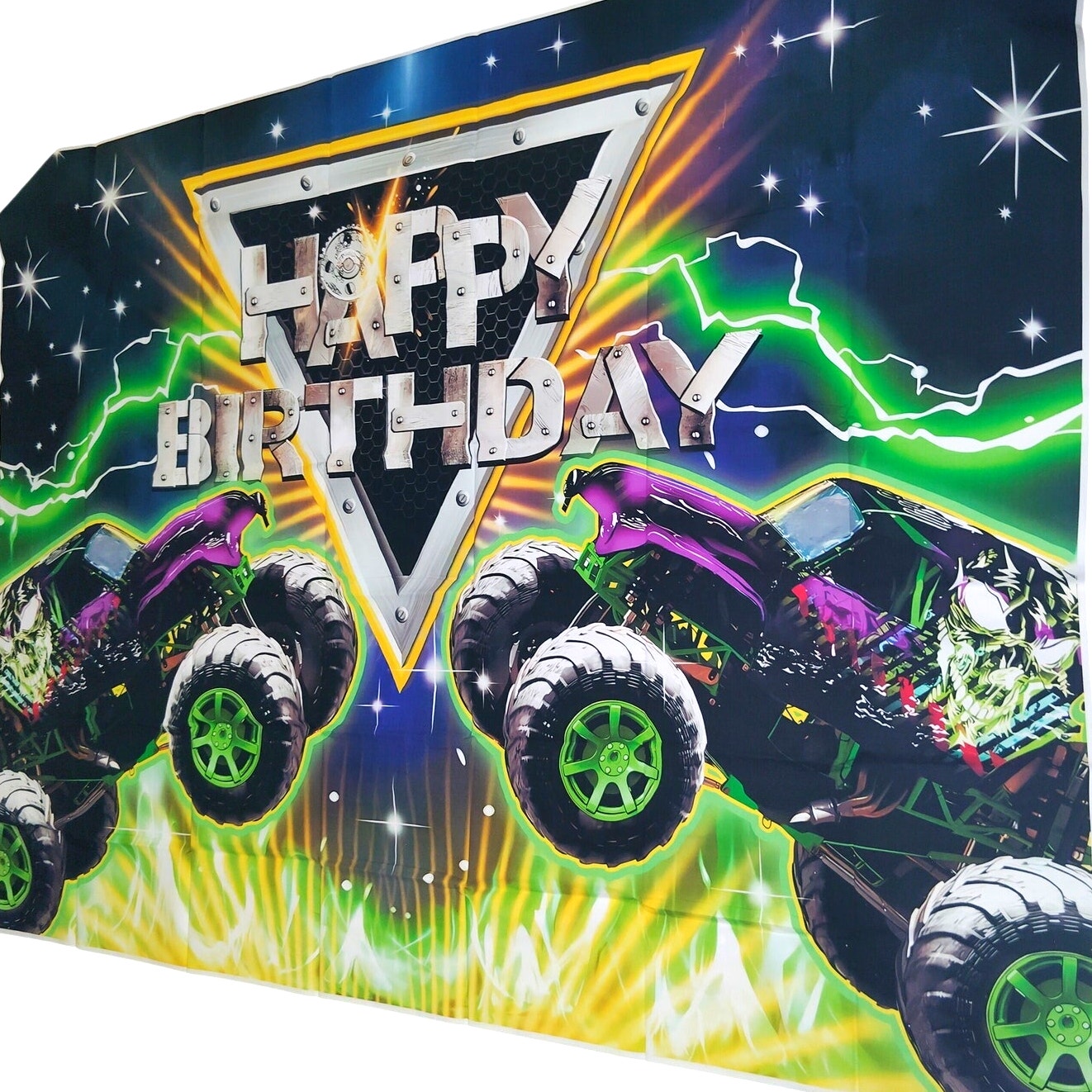 Monster Truck Birthday Backdrop 7×5 ft Green Car Racing Party Background