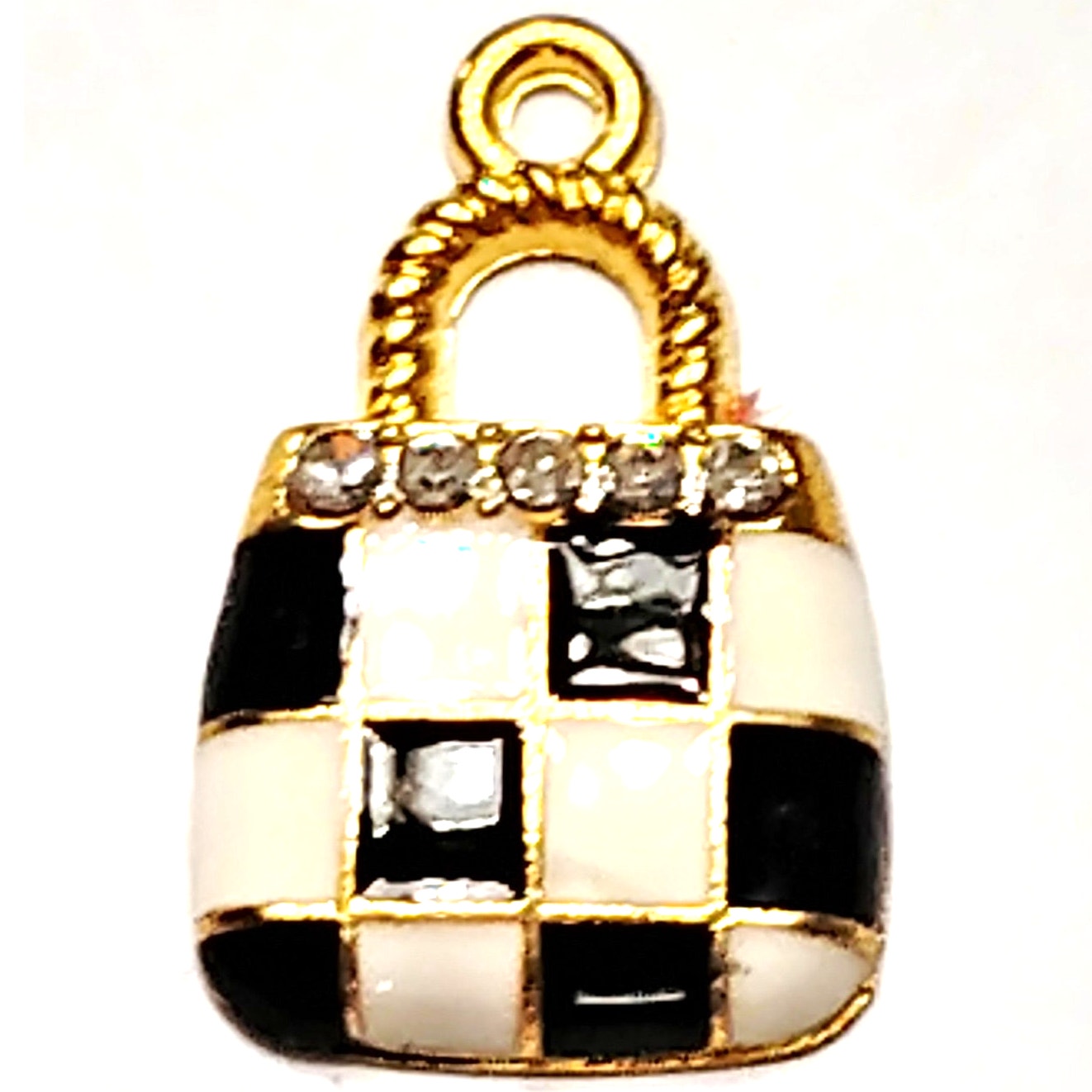 Black Checkered Purse Charm Enamel Gold‑Tone with Rhinestones 5/8" Pendant
