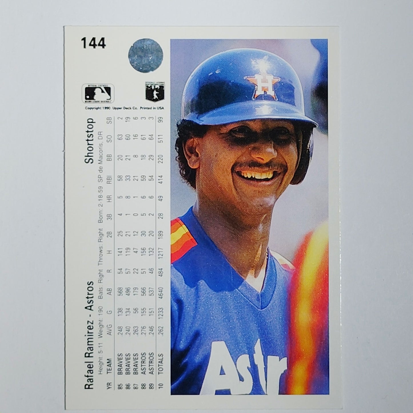 1990 Upper Deck Rafael Ramirez #144 Houston Astros Shortstop Double Play - VG/EX