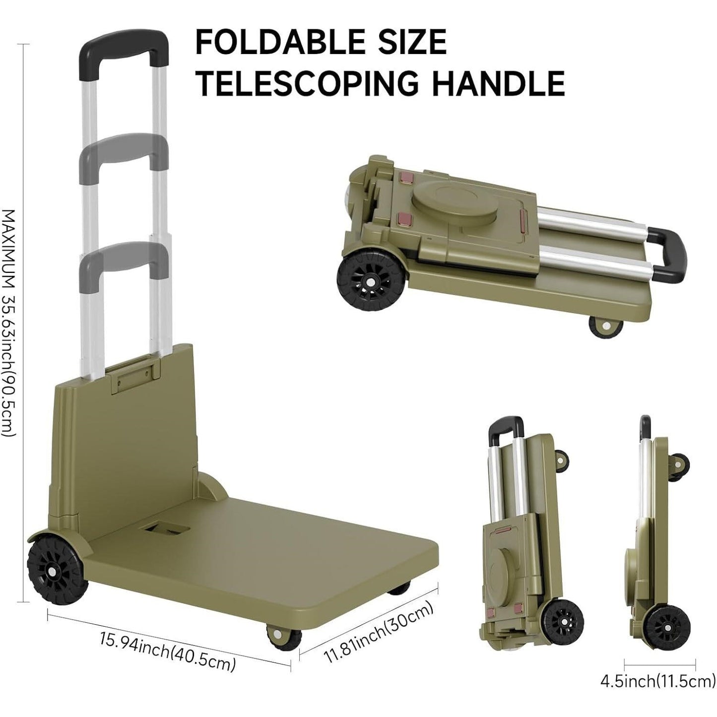 HD Folding Trolley Cart, 220 lb Cap., 4 Wheels, Bungee Cord, Telescopic Handle
