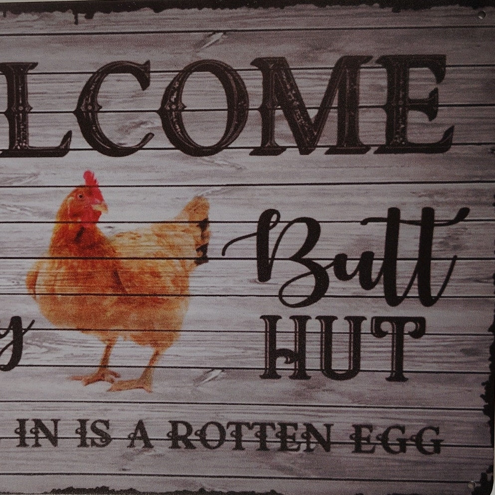 Cute Chicken Coop Tin Sign “Welcome to the Fluffy Butt Hut” 12x8 Farm Décor
