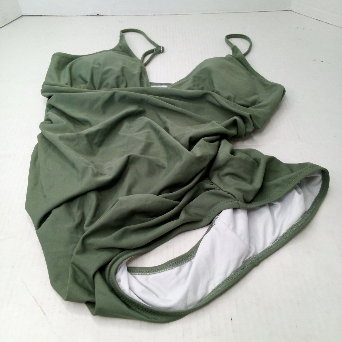 Olive Green Ruched One-Piece Swimsuit XL V-Neck Adjustable Straps Lined