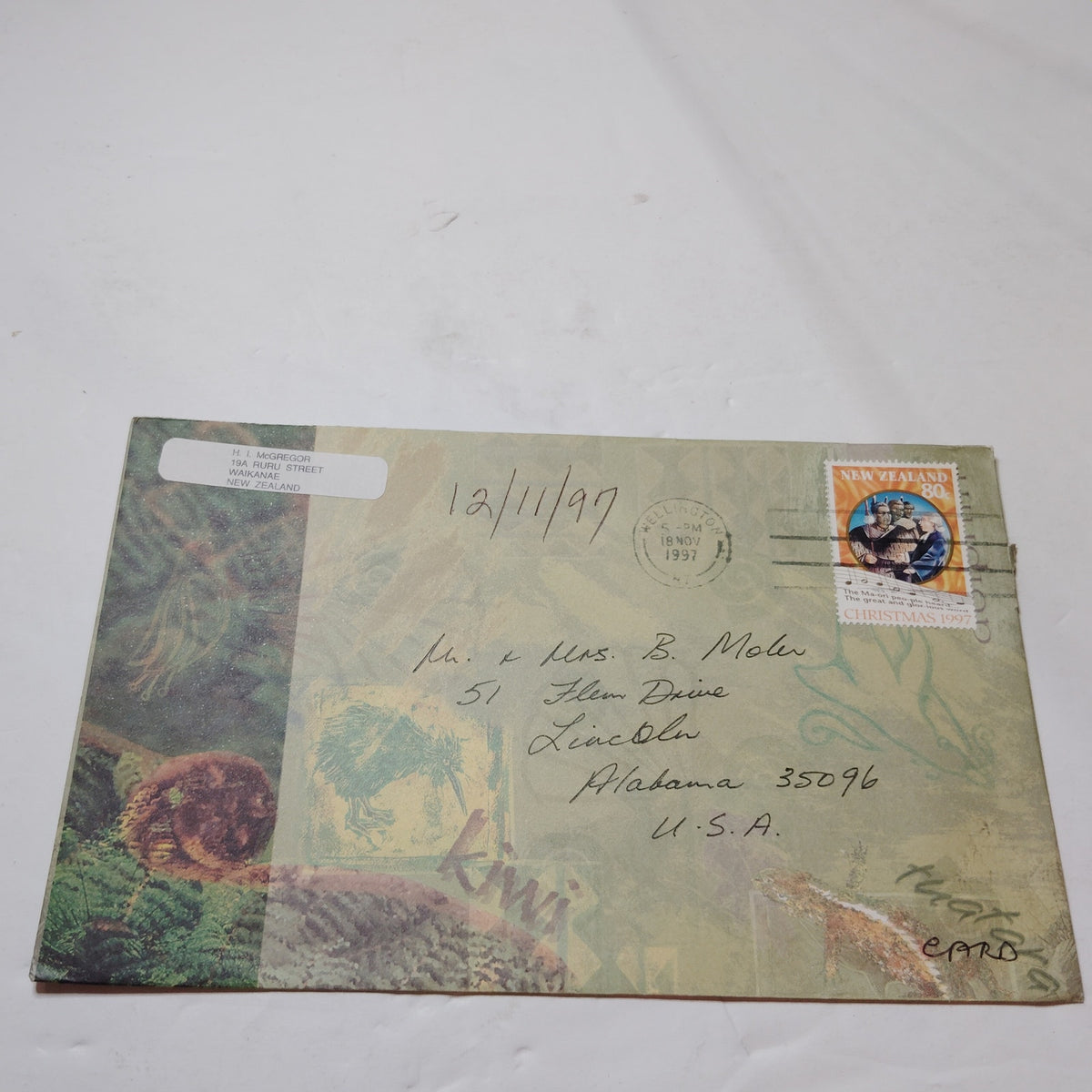 1997 New Zealand Christmas 80c Stamp Cover - Wellington to Hawaii Mail