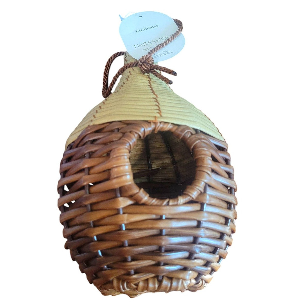 10" Outdoor Woven Bird House Beige – Threshold – Hanging Pear-Shaped Shelter with 2" Opening