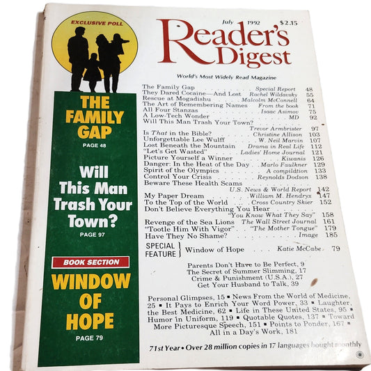 Reader's Digest July 1992 The Family Gap Window of Hope Vintage Magazine