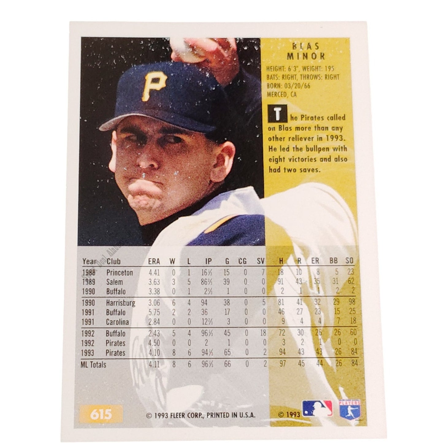 Blas Minor, Pittsburgh Pirates, #615, 1994 Fleer Baseball Collector's Card
