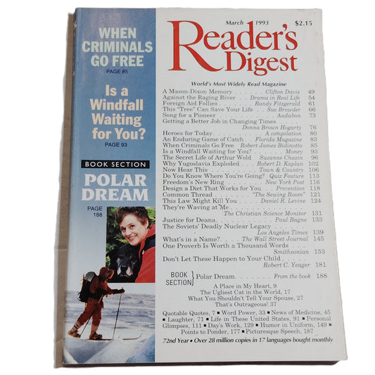 Reader's Digest March 1993 Vintage Magazine - Polar Dream Back Issue