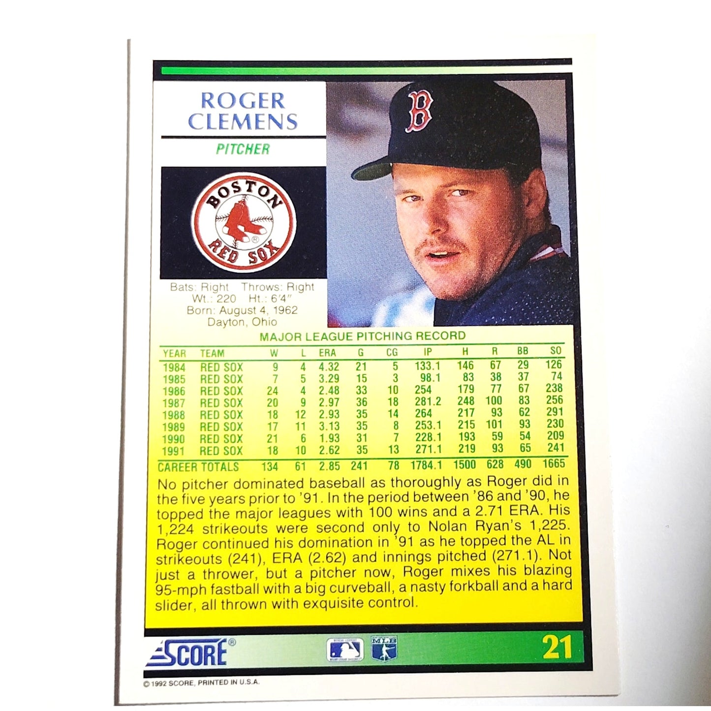 1992 Score Roger Clemens #21 Boston Red Sox Pitcher MLB Baseball EX