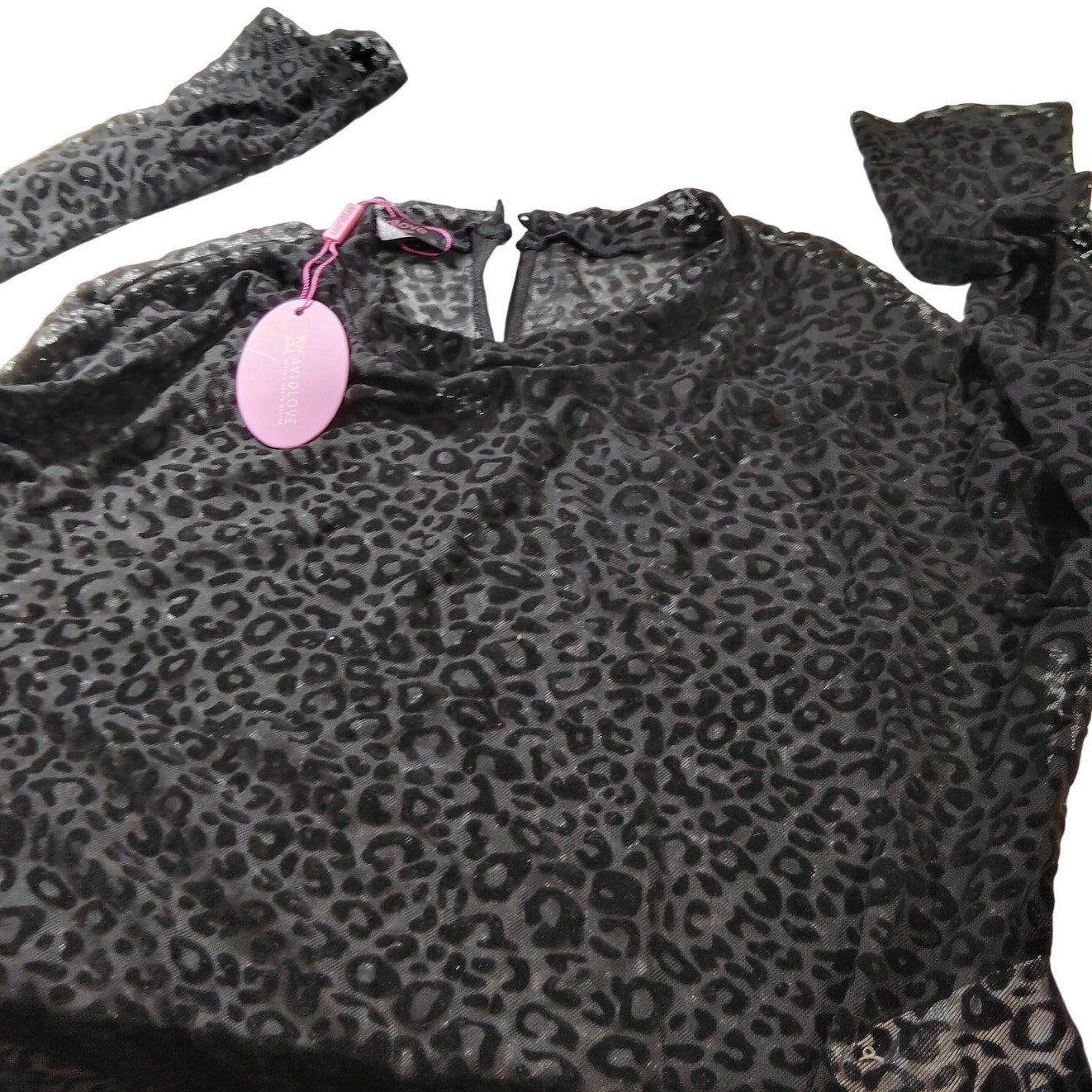 Avidlove Black Leopard Mesh L/S Bodysuit – Mock Neck – Snap Closure – XL – NWT