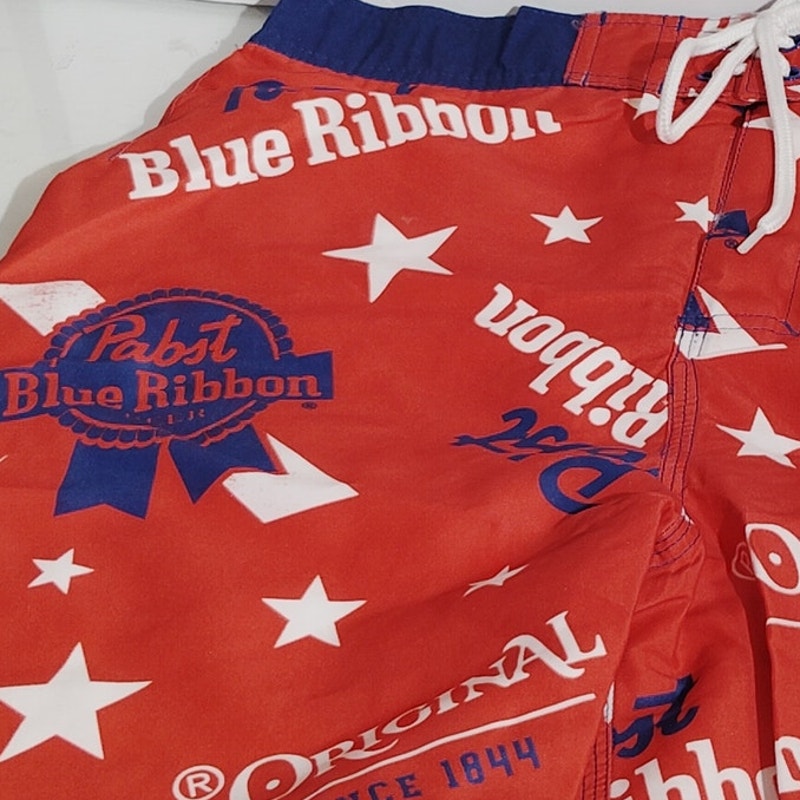 Pabst Blue Ribbon Men’s Elastic Board Swim Shorts – XS – Red