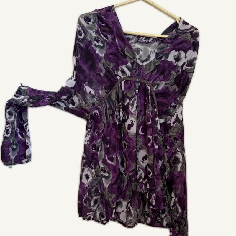 XL Purple Gray Black Floral V-Neck Long Sleeve Blouse - Empire Waist Top
