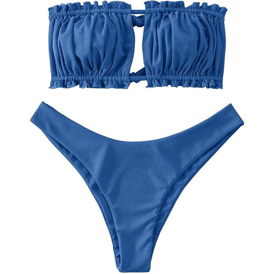 ZAFUL Women’s Ruffle Ribbed Self‑Tie Bandeau Bikini Set – Blue – Small (4) – NWT