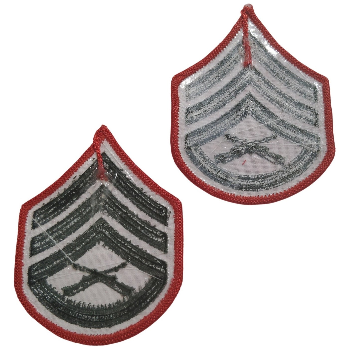 1 Set - USMC Staff Sergeant E‑6 Chevrons, Green on Red – Female  3‑3/4" × 2‑7/8"