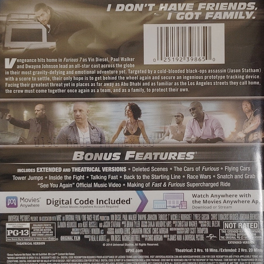 Furious 7 (Blu-ray + DVD + Digital HD, 2015) – Universal Studios
