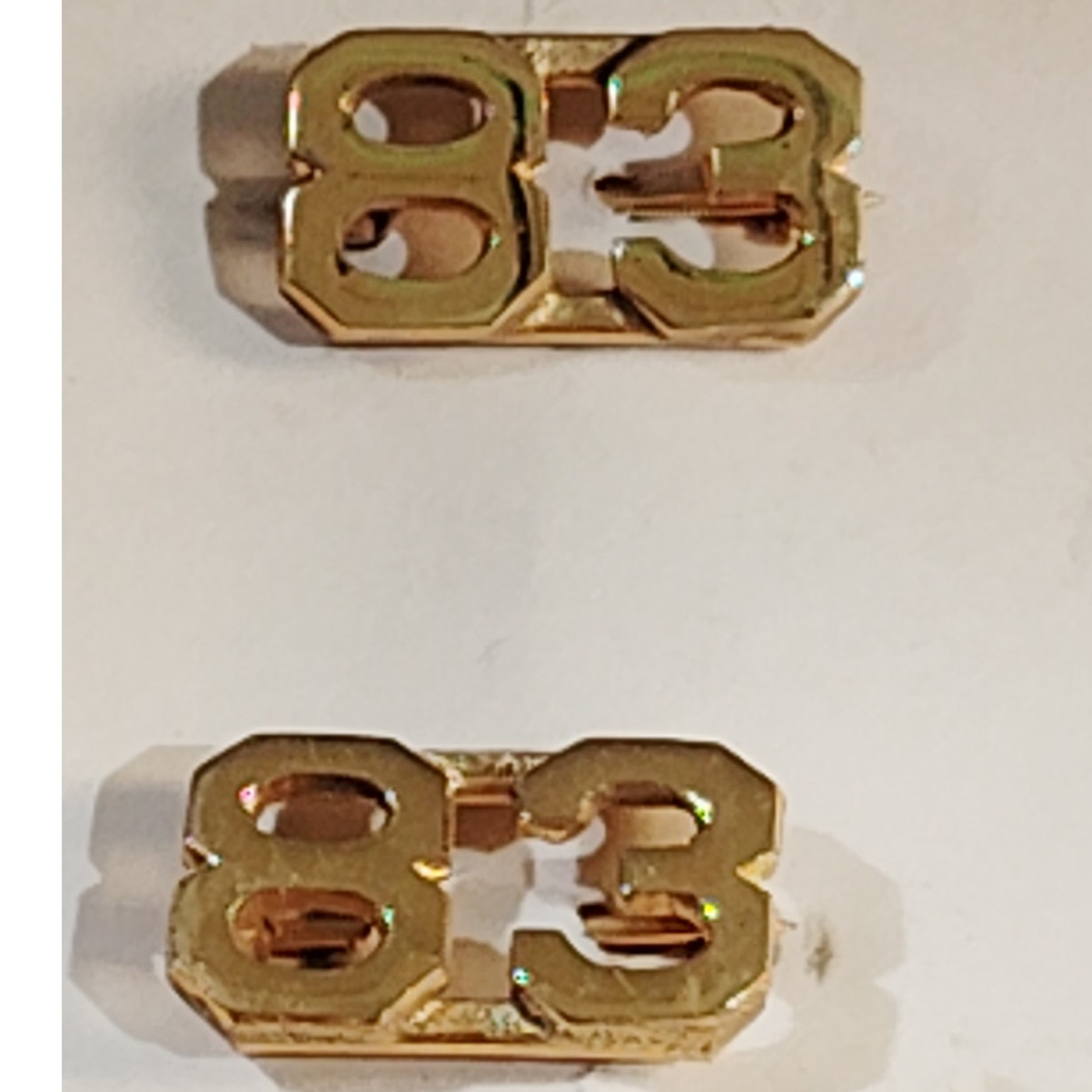 Early/Mid 1900s Brass C-Clasp "83" Collar Devices 3/8"H Hat / Lapel Pins Set