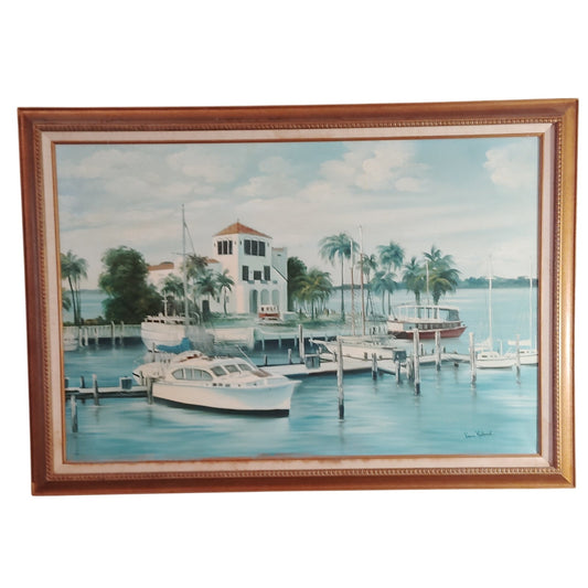 Fran Hyland Vintage Original Oil Painting Bradenton FL Marina Harbor Framed