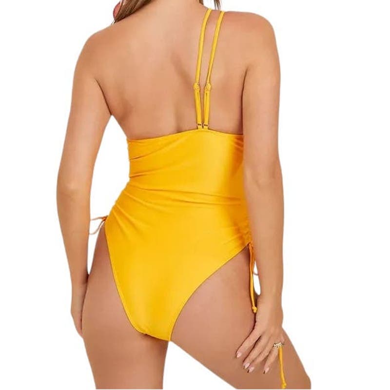 Brazilian One Shoulder Tummy Control Ruched Swimsuit, High Cut, Yellow, Medium