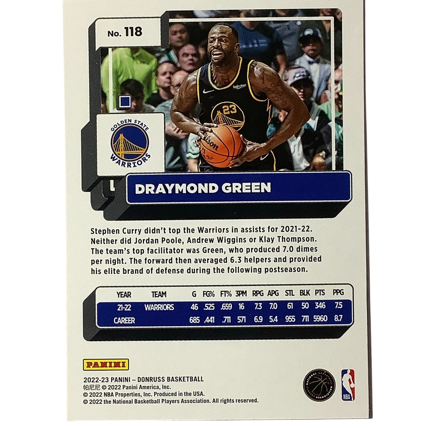Draymond Green, Golden State Warriors, Card #118, 2022-23 NBA Panini-Donruss