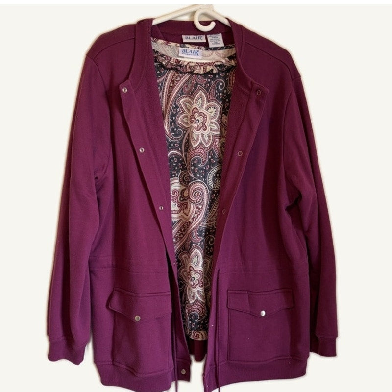 Blair Women's 2-Piece Maroon Paisley Top & Button-Up Coat Set Size L