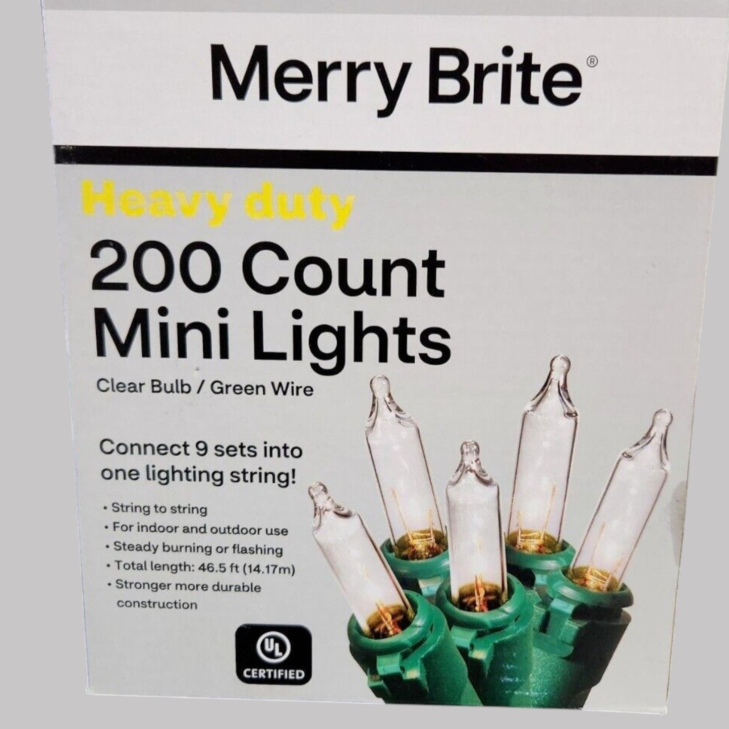Merry Brite 200 HD Mini Lights – Clear Bulbs, Green Wire – 46.5 Ft – Connectable