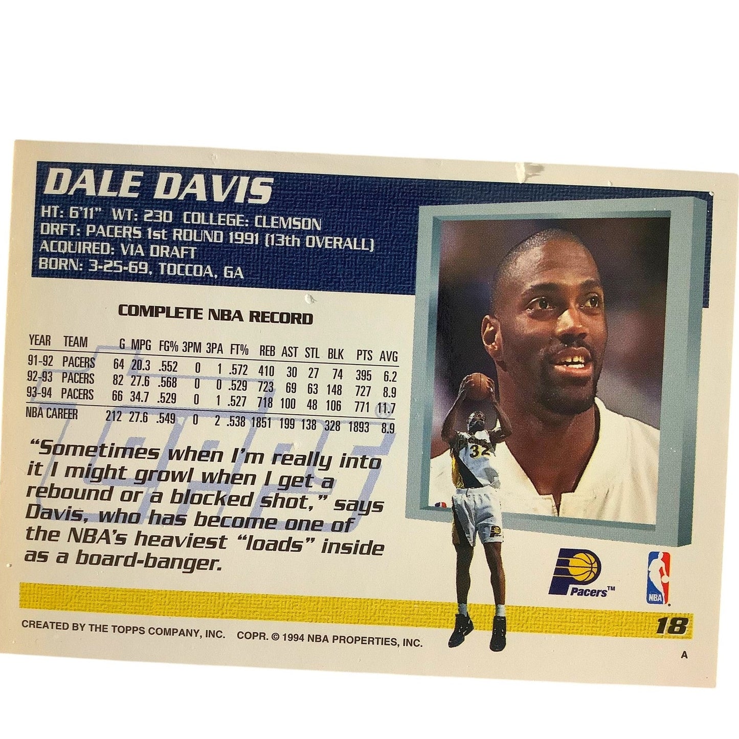 Dale Davis, Indian Pacers, 1994 Topps Collector's Card 18, EXC/NM