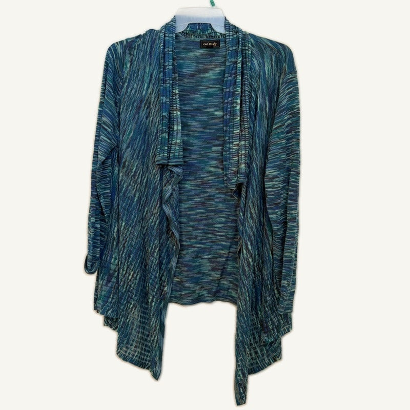 Roaman's Lrg Cal Style Teal Knit 2PC Set - Short Sleeve Top & Waterfall Cover