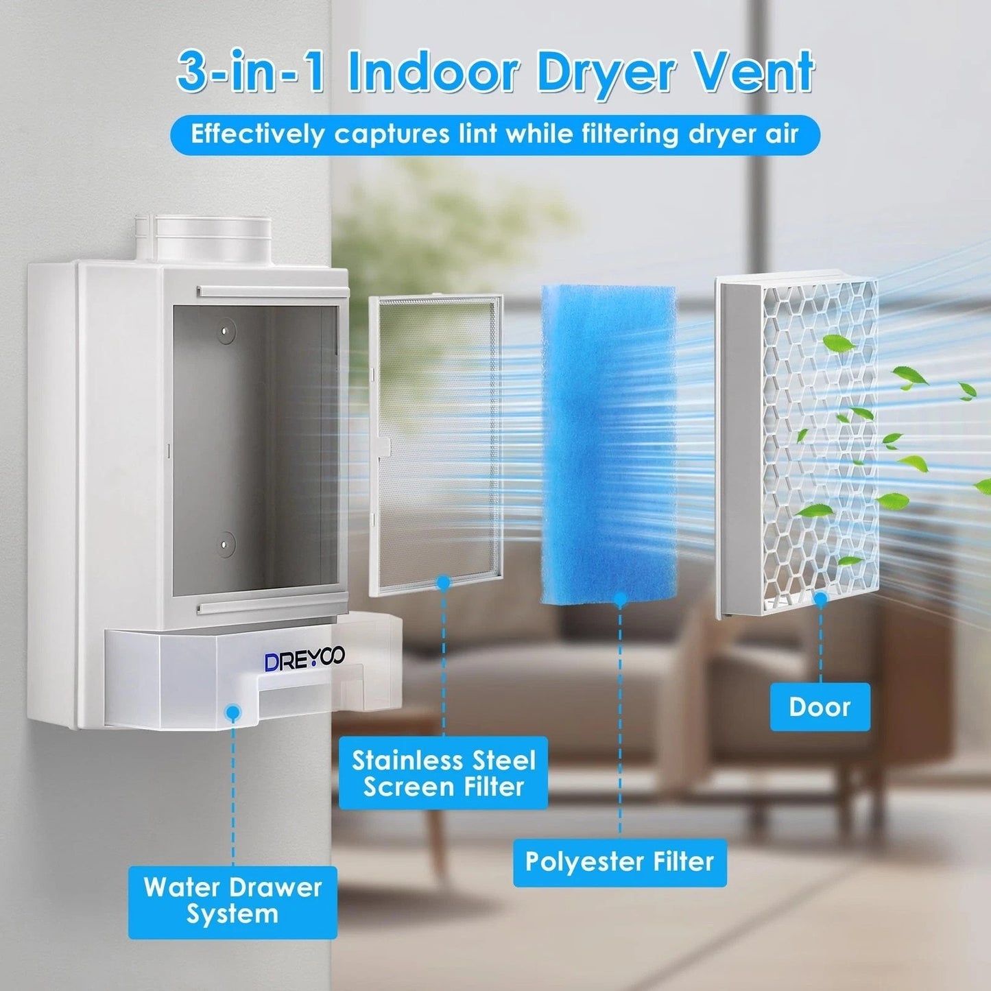 Dreyoo Indoor Dryer Vent Kit Blue - 3-in-1 System w/ Hose & Filters - MPN Dreyoo-Vent Kit-0894
