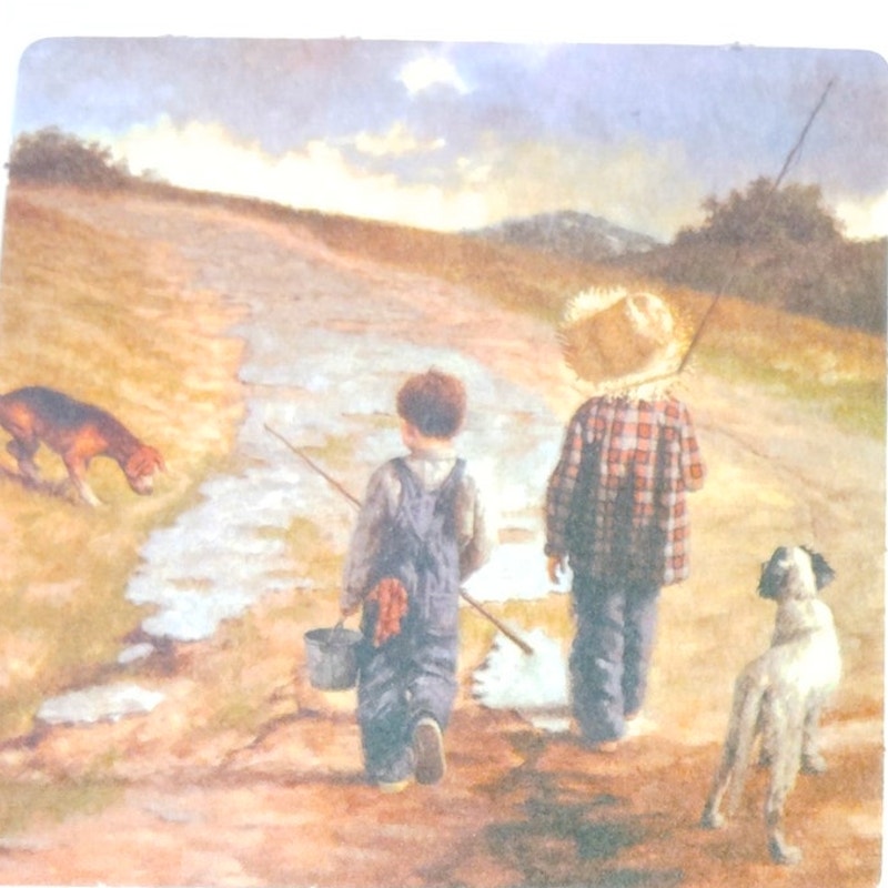 Set of 4 VTG Rustic Americana Kids Coasters Reversible Country Painting Scenes