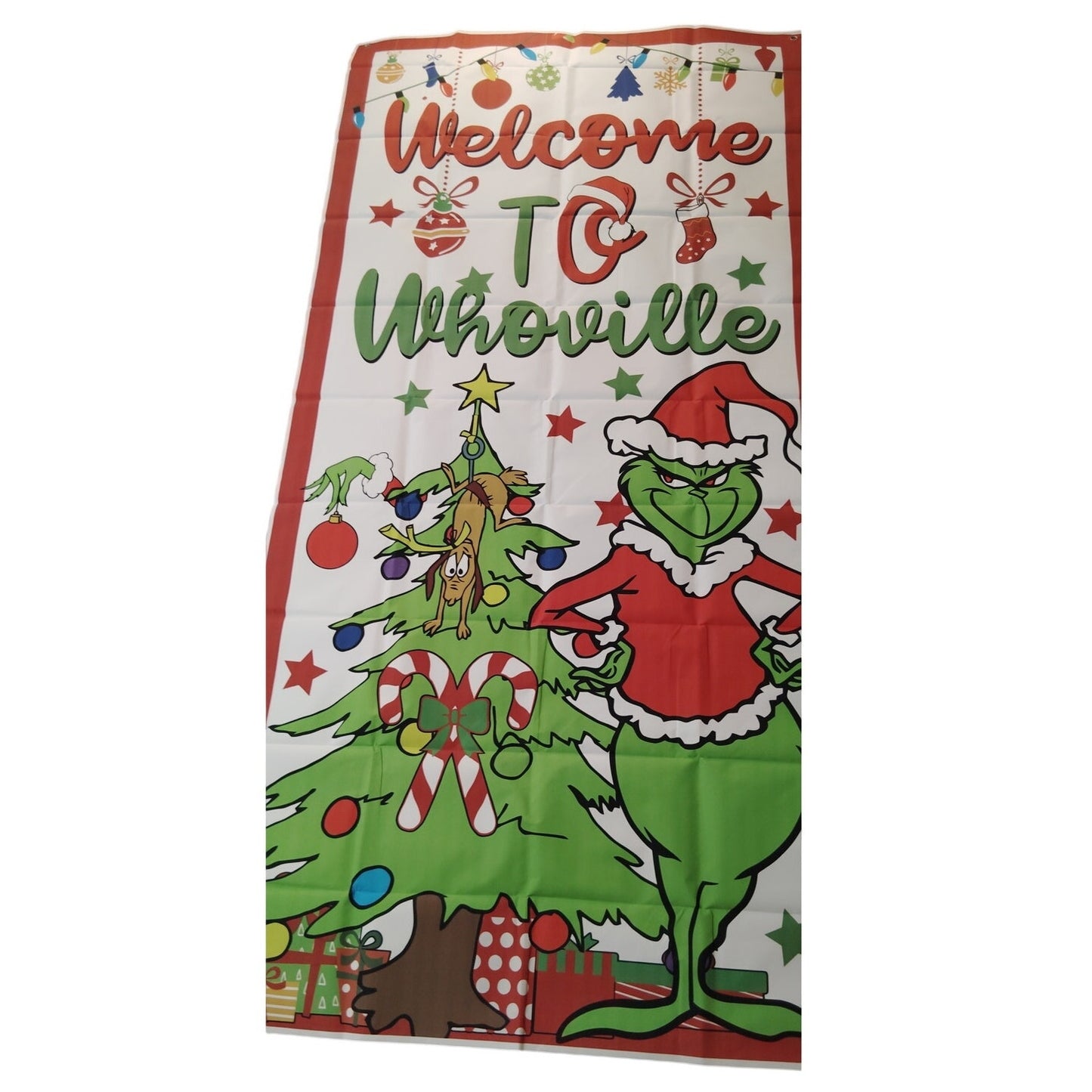 Welcome to Whoville Door Cover 71x35 in Grinch Decor w/ Grommets