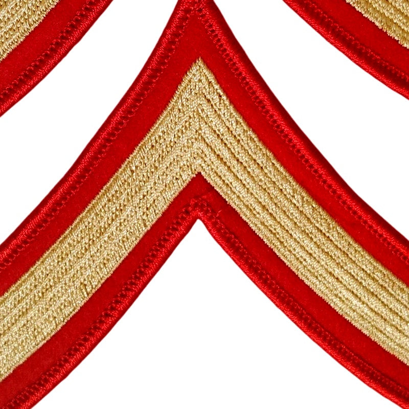 VTG U.S. Army PFC E‑3 Chevron Patch Set – Gold on Red – 3‑3/4" × 3‑1/2"