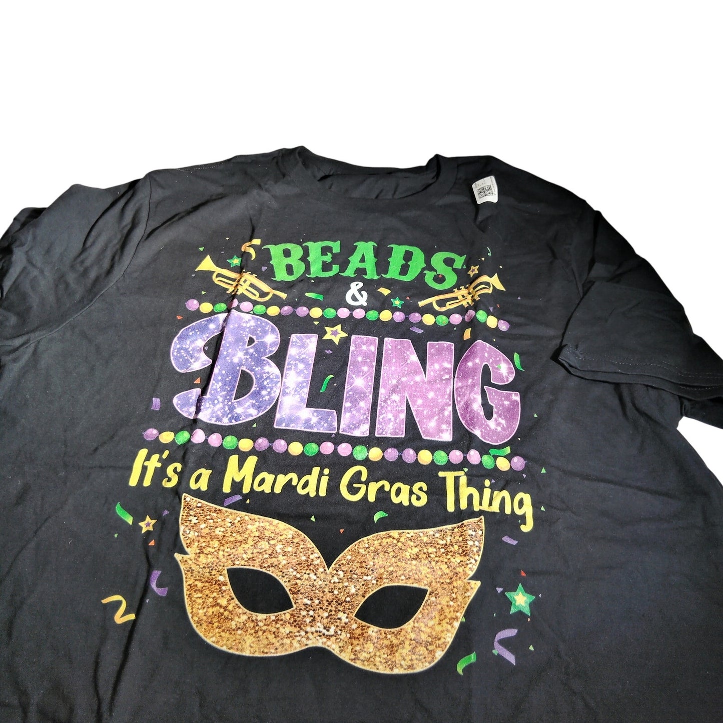 Unisex Mardi Gras Beads Bling Graphic T Shirt Black Crew Neck Cotton 2XLT