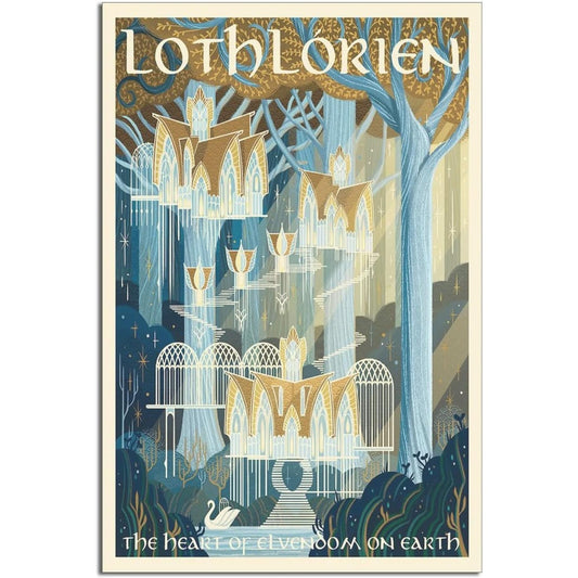 8"x12" Retro Travel Art Print, Lothlórien Elven Realm From The Lord of the Rings