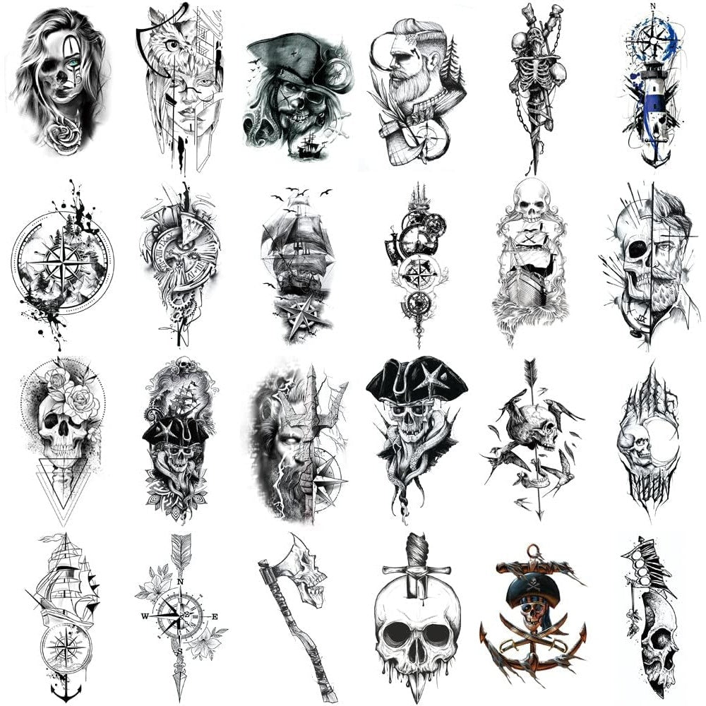 24 Sheets Pirate Skull Temporary Tattoos - Waterproof, Fake Body Art Stickers