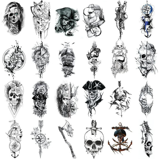 24 Sheets Pirate Skull Temporary Tattoos - Waterproof, Fake Body Art Stickers