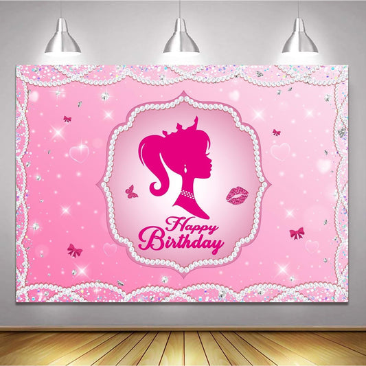 Pink Pearl Princess Birthday Backdrop – 5x7 ft Girl’s Party Decoration with Crown & Sparkle Design
