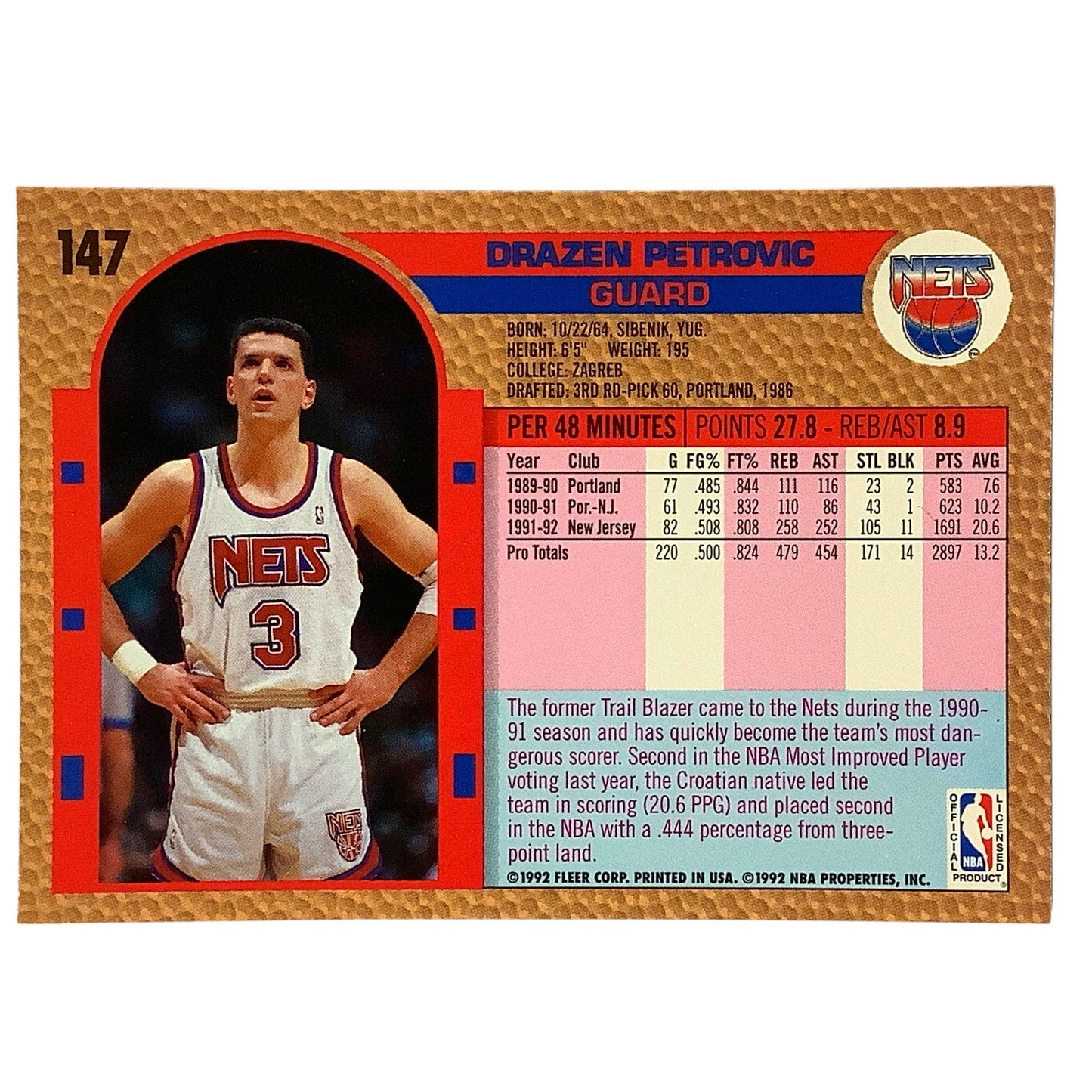 Drazen Petrovic (G), Card #147, New Jersey (Brooklyn) Nets, 1992-93 Fleer NBA