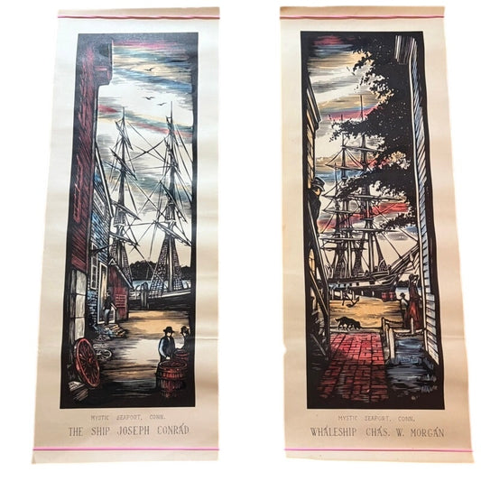 VTG James Arnold Mystic Seaport Woodblock Prints- Joseph Conrad & Chas. W Morgan
