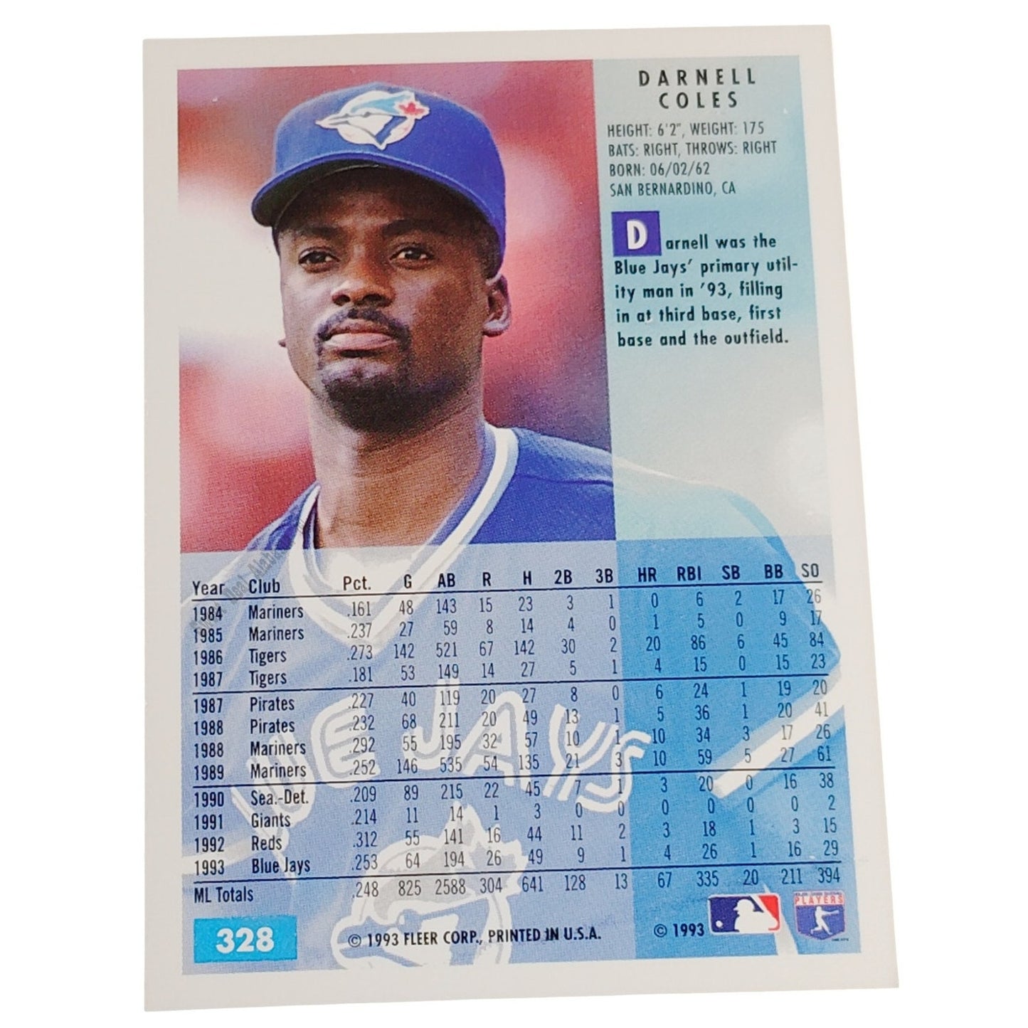 Darnell Coles, Toronto Blue Jays, #328, 1994 Fleer Baseball Collector's Card
