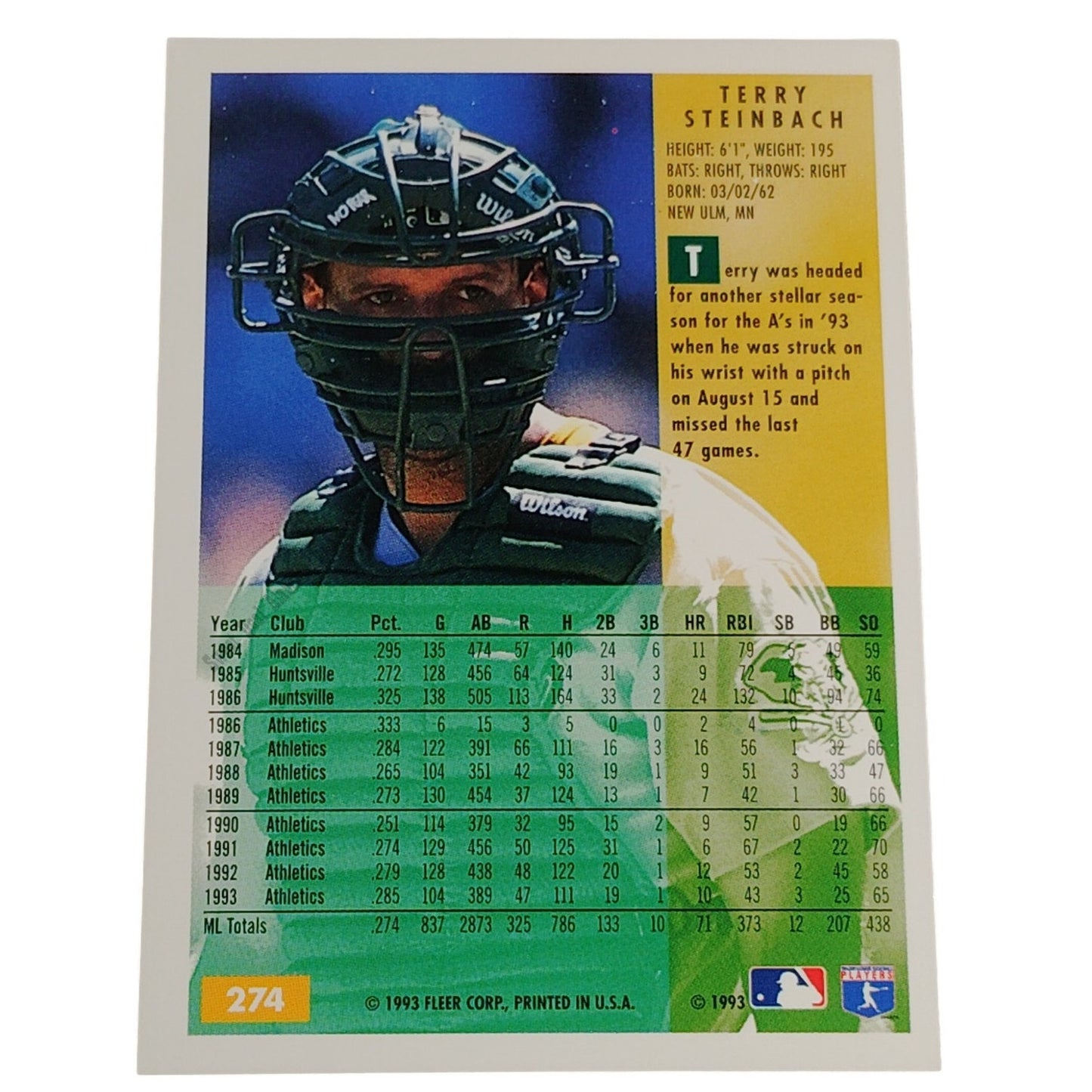 Terry Steinbach, Oakland Athletics (A's) #274, 1994 Fleer Baseball Collector's Card