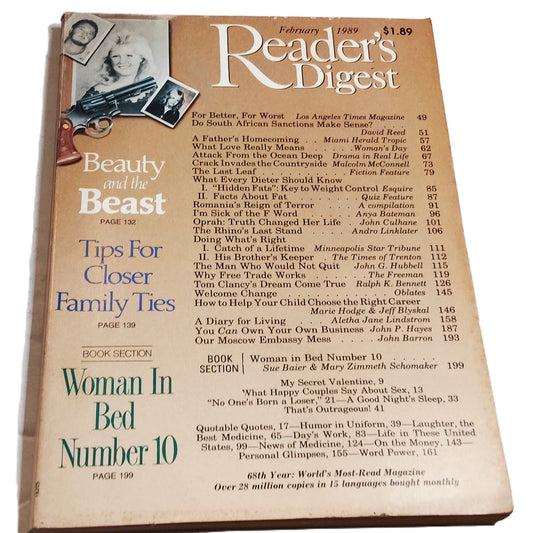 Reader's Digest February 1989 Magazine - Beauty and the Beast Vintage Issue