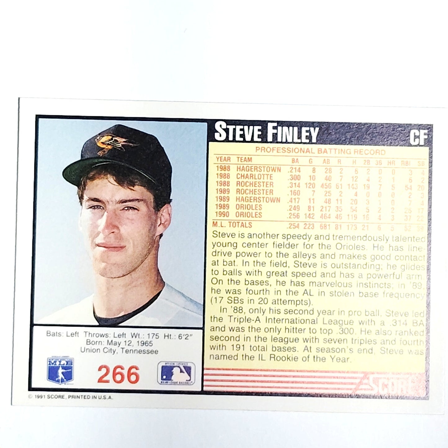 1991 Score Steve Finley Card #266 Baltimore Orioles - Traded to Astros- OF VG/EX