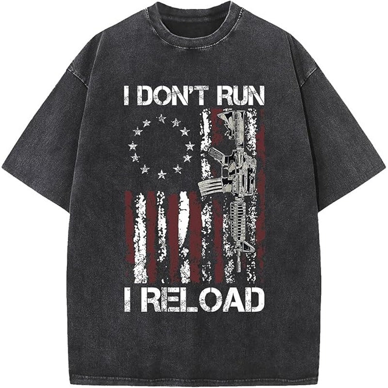 I Dont Run I Reload American Flag Gun Graphic T Shirt Black Cotton Medium