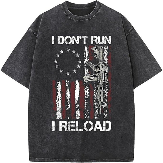 I Dont Run I Reload American Flag Gun Graphic T Shirt Black Cotton Medium
