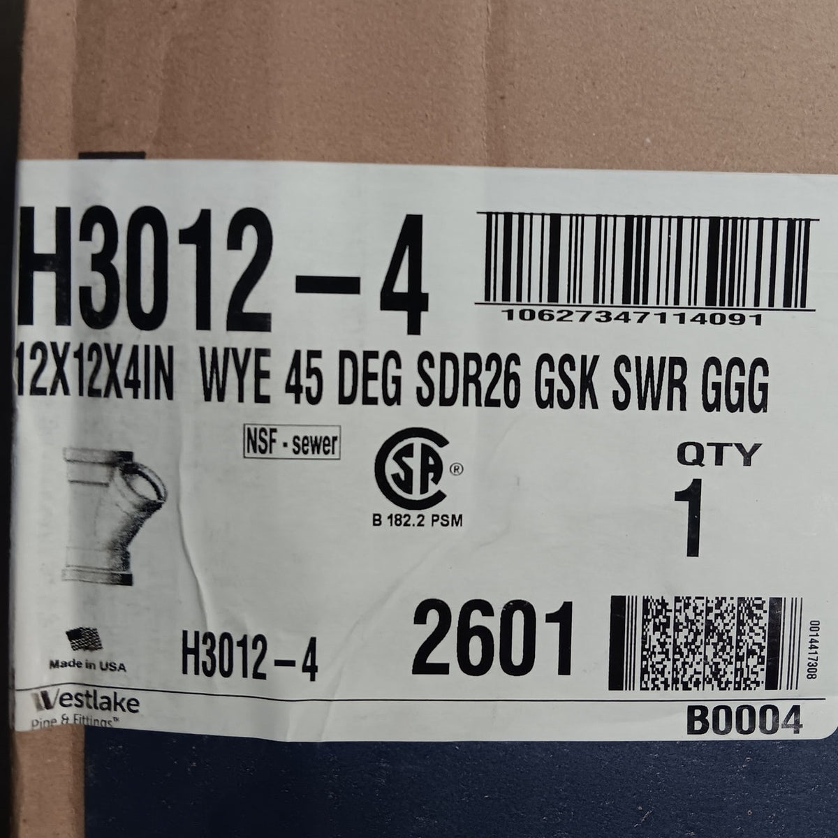 Westlake H3012-4 PVC 12" x 12" x 4" 45 Deg Wye Sewer Fitting SDR-26