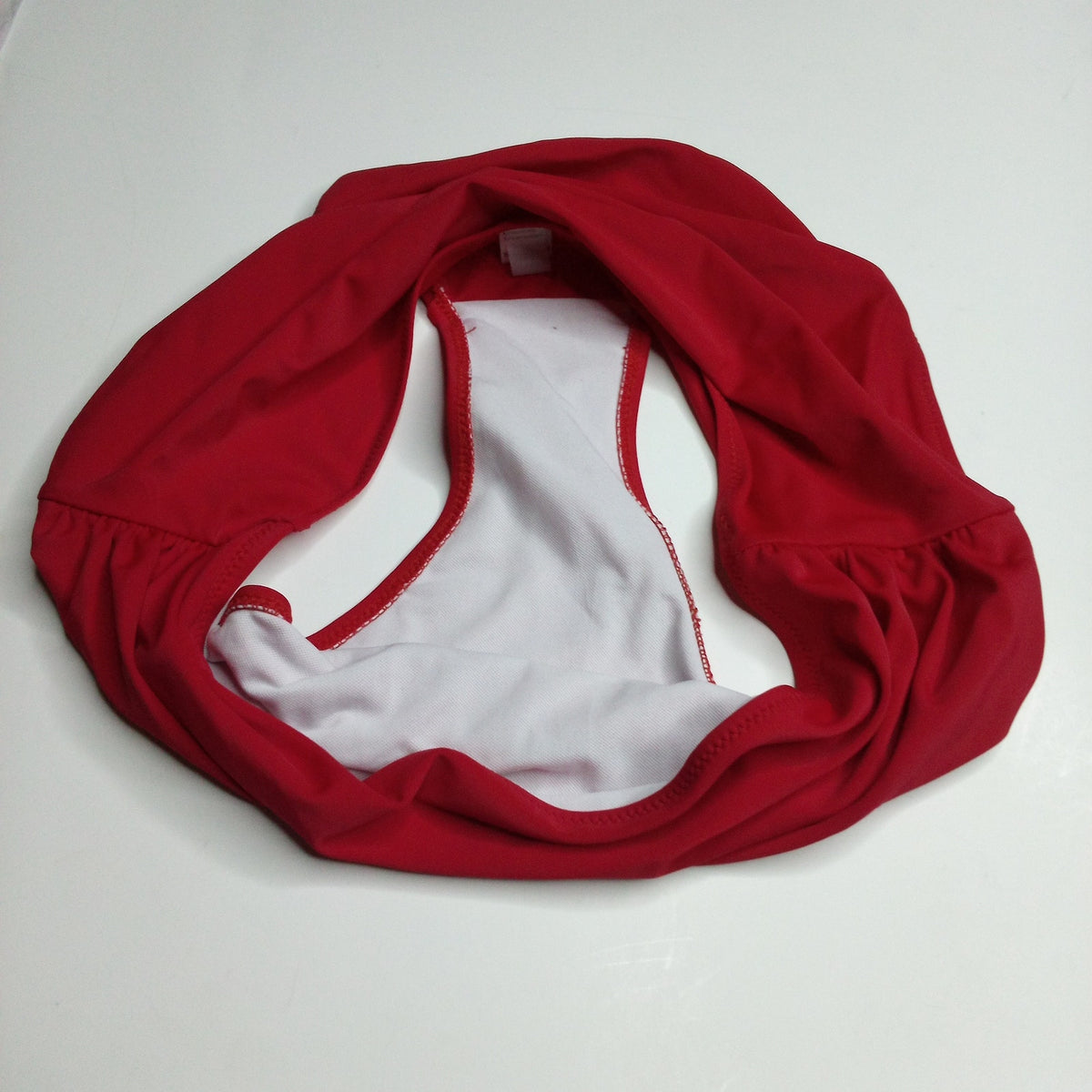 Red High-Waisted Swimsuit Bottoms - Ruched Sides, White Lined, Size L