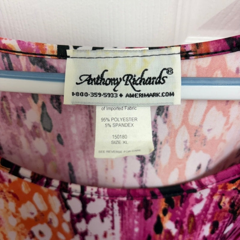 Anthony Richards XL Animal Print Scoop Neck Tunic Top Pink Orange Long Sleeve